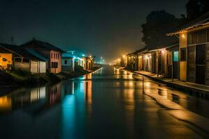 a canal at night with houses and lights on. AI-Generated photo