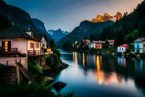 photo wallpaper mountains, the sky, the water, the mountains, the river, the houses,. AI-Generated