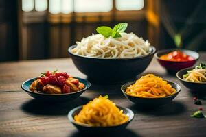 a bowl of noodles with different types of food. AI-Generated photo