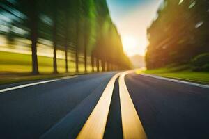 an empty road with trees and a sun setting. AI-Generated photo