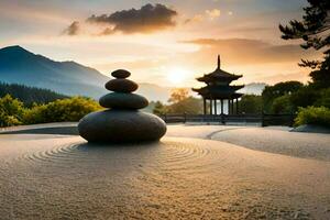 a stone stack in front of a pagoda at sunset. AI-Generated photo