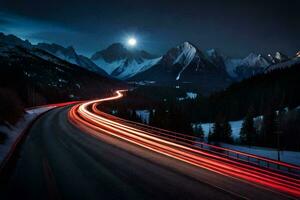 a long exposure photo of a road with mountains in the background. AI-Generated