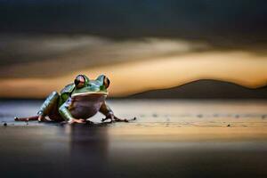 a frog sitting on the beach at sunset. AI-Generated photo