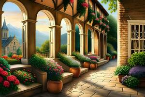 un pintura de un patio con flores y en conserva plantas. generado por ai foto