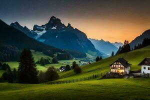 photo wallpaper the sky, mountains, house, the alps, the alps mountains, al. AI-Generated