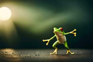 a small frog standing on its hind legs with its arms outstretched. AI-Generated photo