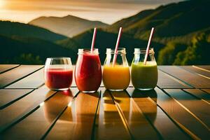 four different juices in glasses on a wooden table. AI-Generated photo