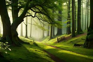 a path through a green forest with trees. AI-Generated photo