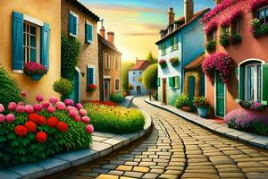 a painting of a street with flowers and flowers. AI-Generated photo