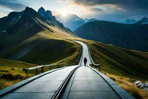 un persona caminando a lo largo un largo puente en el montañas. generado por ai foto