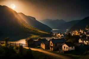 the moon is setting over a village in the mountains. AI-Generated photo