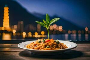 a plate of pasta with a plant on it. AI-Generated photo