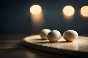 three eggs on a wooden tray with lights in the background. AI-Generated photo