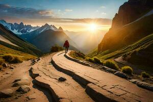 the man is walking on the path in the mountains. AI-Generated photo