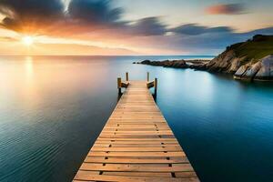 a wooden dock stretches into the ocean at sunset. AI-Generated photo