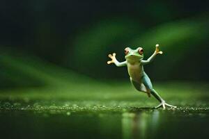 un rana saltando en el suelo. generado por ai foto
