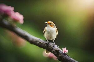 un pequeño pájaro es sentado en un rama con rosado flores generado por ai foto