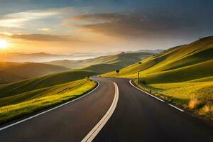 el la carretera a el puesta de sol. generado por ai foto