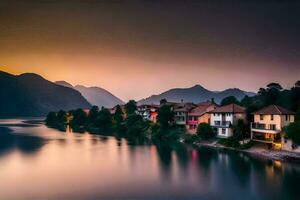 photo wallpaper the sky, mountains, water, houses, lake, sunset, the city, the. AI-Generated