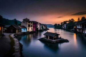 photo wallpaper the sky, water, river, houses, the sunset, the water, the house. AI-Generated