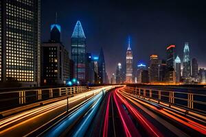 un ciudad horizonte a noche con ligero caminos. generado por ai foto