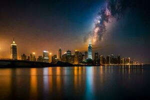 the night sky over the city skyline and the milky way. AI-Generated photo