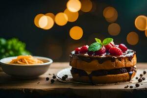 a cake with berries and chocolate on a wooden table. AI-Generated photo