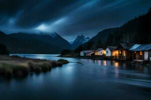 un lago y un cabina en el montañas a noche. generado por ai foto