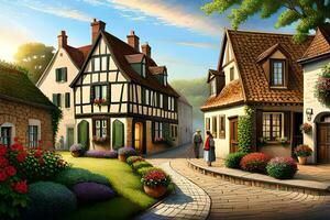 un pintura de un pequeño pueblo con casas y flores generado por ai foto