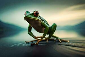 a frog sitting on the edge of a lake. AI-Generated photo