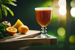 a glass of juice sitting on a table with fruit. AI-Generated photo