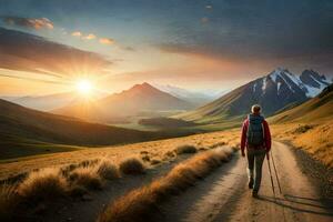 a person walking on a dirt road in the mountains. AI-Generated photo
