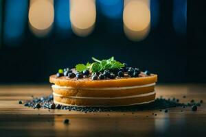 a cake with blueberries and mint on top. AI-Generated photo