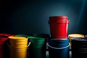 a row of colorful buckets on a dark background. AI-Generated photo