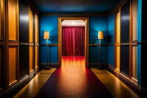 a hallway with blue walls and red curtains. AI-Generated photo