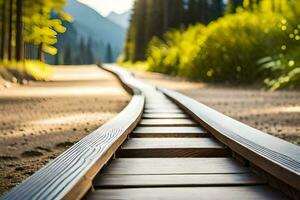 un ferrocarril pista en el medio de un bosque. generado por ai foto