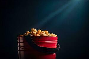 a bucket filled with popcorn on a dark background. AI-Generated photo