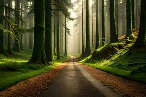 a road in the middle of a forest with trees. AI-Generated photo