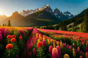 a field of flowers and mountains at sunset. AI-Generated photo