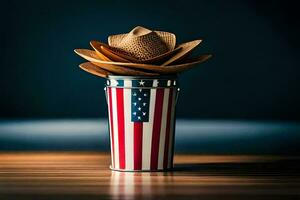 un vaquero sombrero en un estaño con un americano bandera. generado por ai foto