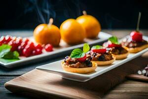 small plates with fruit and nuts on a wooden table. AI-Generated photo