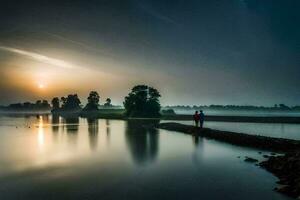 a couple walking on the shore of a river at sunset. AI-Generated photo