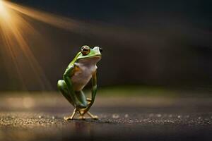 a frog standing on its hind legs with the sun shining. AI-Generated photo