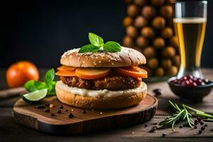 un hamburguesa con carne, vegetales y un vaso de cerveza. generado por ai foto