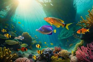 photo wallpaper sea, coral, fish, coral reef, fish, coral reef, fish, coral. AI-Generated