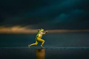 a frog running on the beach with a dark sky. AI-Generated photo