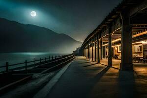 un lleno Luna brilla terminado un muelle a noche. generado por ai foto