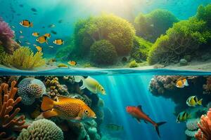 the ocean and coral reef with fish and corals. AI-Generated photo