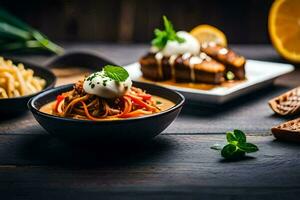 a bowl of noodles, a plate of noodles and a plate of noodles. AI-Generated photo