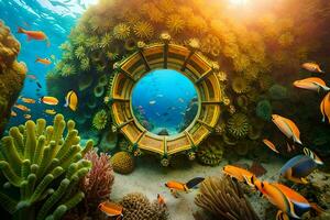 un circular ventana en el Oceano con coral y pez. generado por ai foto
